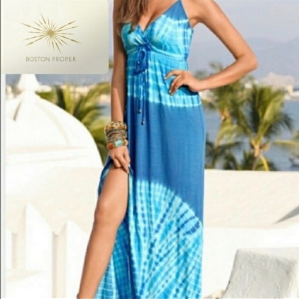 Boston Proper Blue Tie Dye Sleeveless Side Slit BOHO Maxi Dress-XS